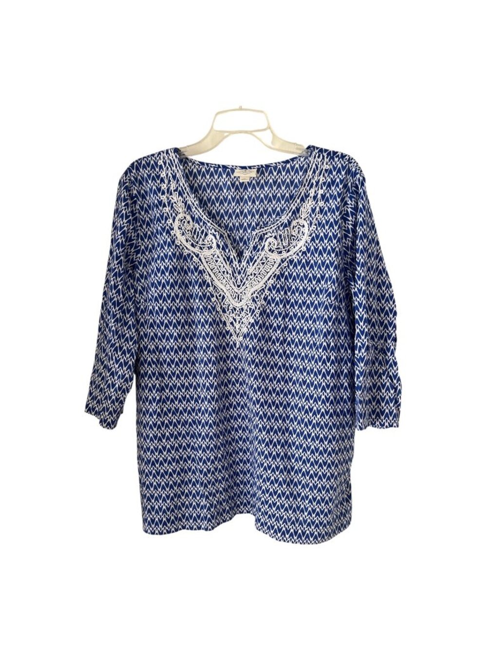 St. John's Bay Women's XL Blue White Embroidered Cotton Tunic Top 3/4 Sleeve Boh